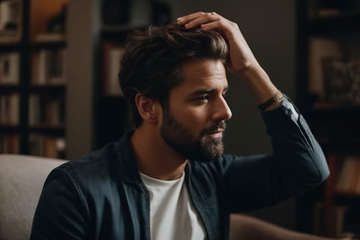 A man sits in a chair, hand on head, deep in thought and contemplation.