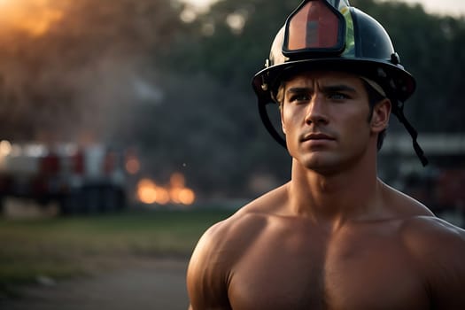 A shirtless man confidently wears a firemans helmet.