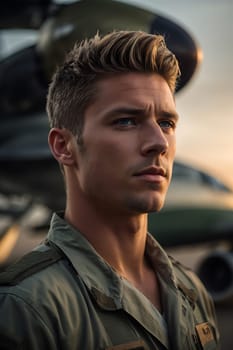 A man stands confidently in front of an airplane at the airport terminal gate.