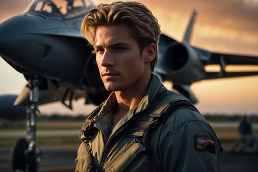 A man confidently stands in front of a powerful fighter jet, ready to take on any challenge.