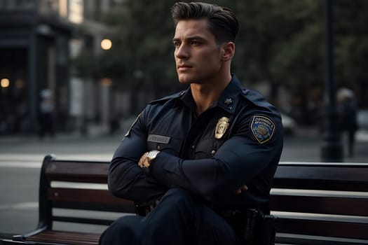 A police officer wearing a uniform sits on a bench in a relaxed position.