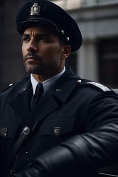 A police officer in uniform stands in front of a building, dutifully protecting and ensuring safety.