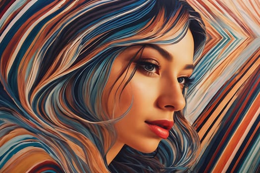 This painting depicts a woman with striking blue hair, standing as a representation of unique beauty.