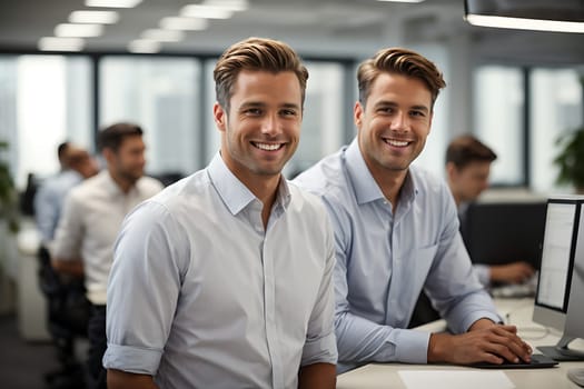 Two business partners engaged in a productive discussion while seated at a desk in their office.