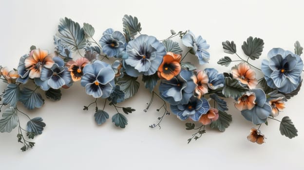 A close up of a flower arrangement with blue and orange flowers