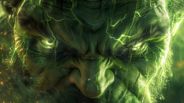 A close up of a green face with glowing eyes and lightning