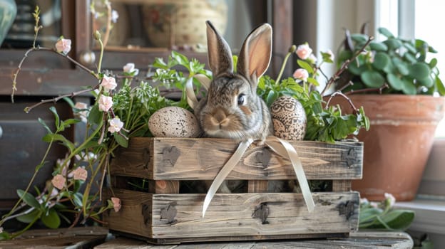 A rabbit sitting in a wooden crate with eggs and flowers