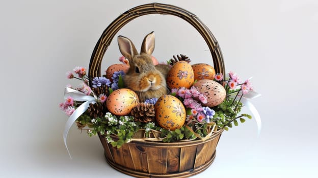 A basket with a rabbit sitting in it filled with eggs