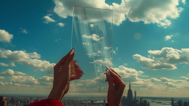 A person holding up a clear glass with the sky in it