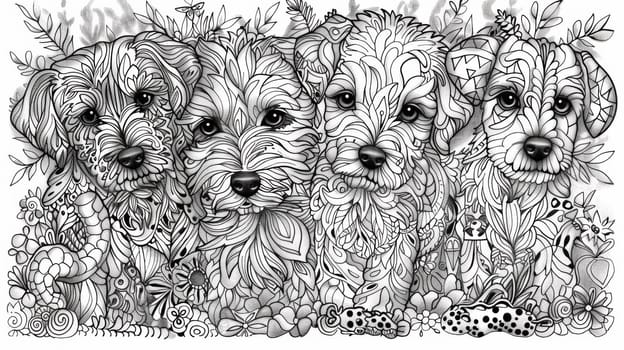 Three dogs are surrounded by flowers in this coloring page