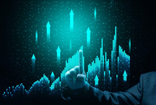 Holographic graph with growing indicators and a businessman's hand points to the peak of profit, margin growth concept