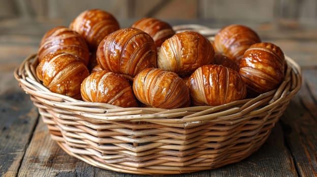 A basket of pastries in a wooden wicker bowl on top of the table