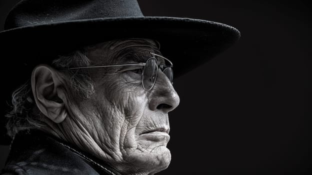 A close up of an old man wearing a hat and glasses