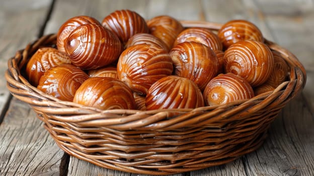 A basket of a bowl full of doughnuts on top of wood