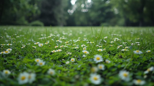 A field of daisies and grass in the middle of a forest