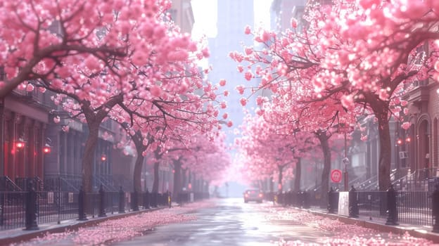 A street lined with pink trees and flowers in bloom