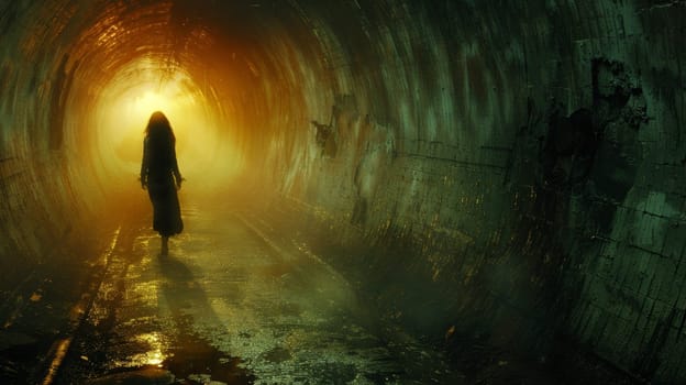 A woman walking down a dark tunnel with light coming from the end