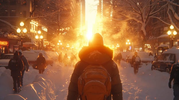 A person walking down a snowy street with snow falling