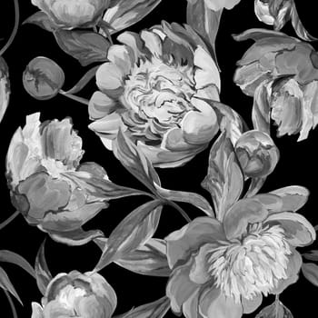 Seamless monochrome spring pattern drawn in gouache with pink peonies for trxtile