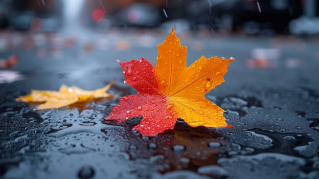 A red and yellow leaf sitting on a wet street with rain drops