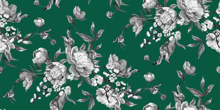 Seamless realistic pattern drawn with pink peonies in a classic oriental style