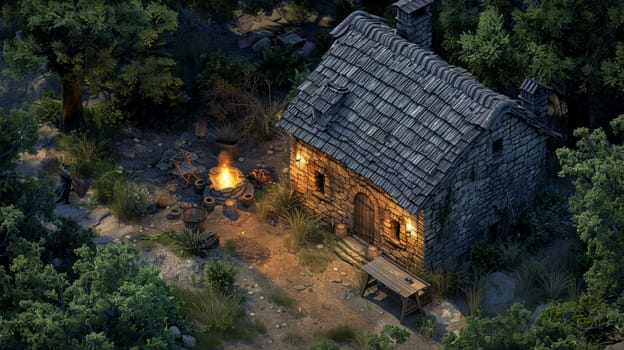 An aerial view of a small cabin in the woods