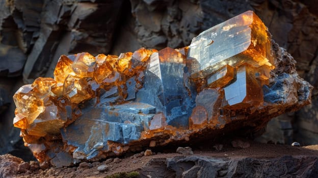 A large rock with a blue and orange color on it