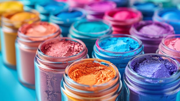 A close up of a row of jars filled with colored paint