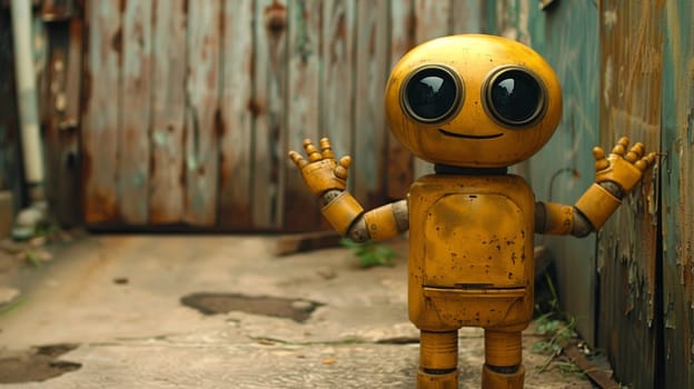 A yellow robot standing in front of a wooden wall