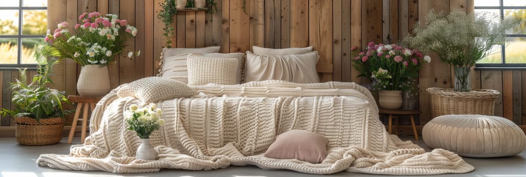 A bed with a white blanket and flowers in vases