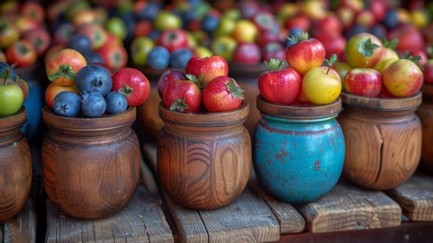 A row of wooden crates filled with apples and blueberries