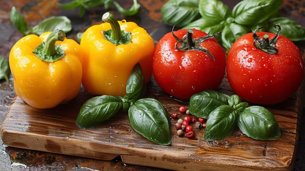 Three peppers are sitting on a cutting board with basil leaves