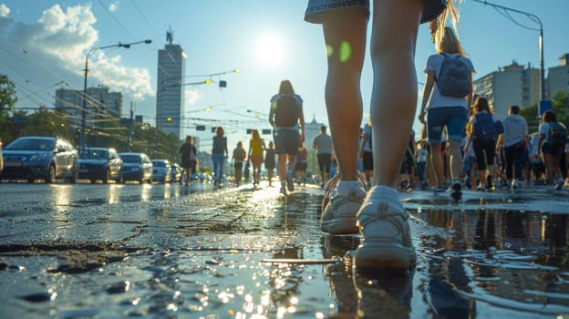 A group of people walking on a street with cars driving by