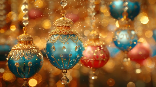 A close up of a bunch or christmas decorations hanging from strings