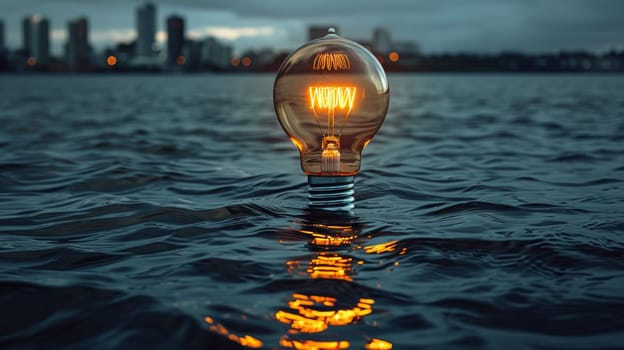 A light bulb is floating in the water with a city skyline behind it