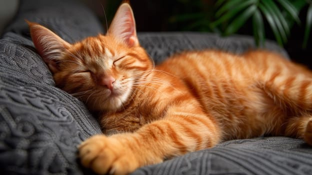 A cat sleeping on a couch with its eyes closed