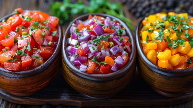 Three bowls of different vegetables are on a table