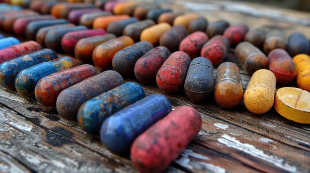 A bunch of colorful pills laying on a wooden table