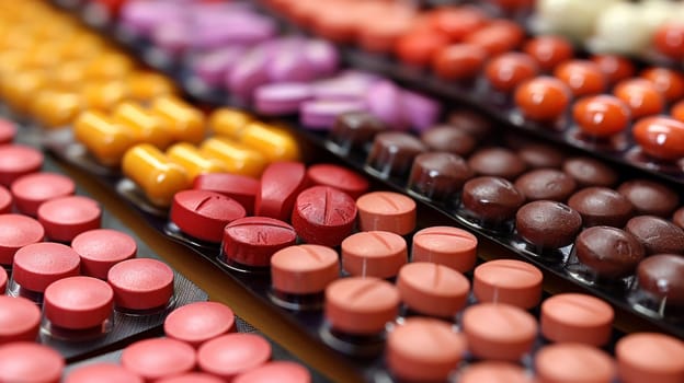 A display of a variety of colorful pills and capsules in plastic trays