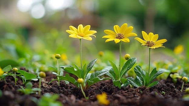 Three yellow flowers growing in a field of dirt and grass