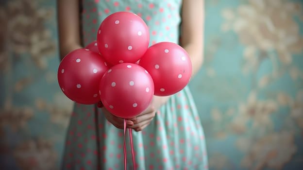 A woman holding a bunch of pink balloons with polka dots