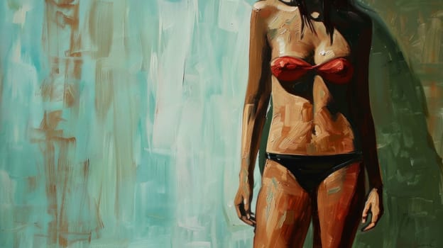 A painting of a woman in red bikini standing next to the wall