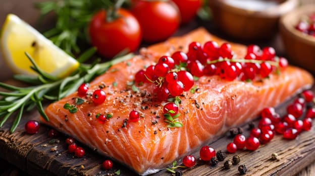 A close up of a piece of salmon with tomatoes and herbs