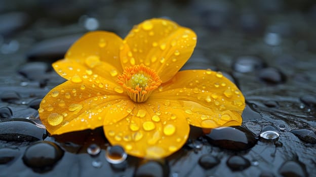 A close up of a flower sitting on top of some water droplets