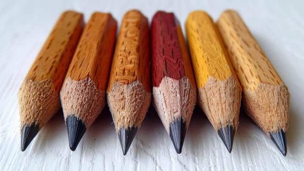 A group of five colored pencils lined up on a white surface
