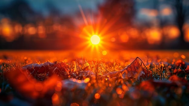 A close up of a sunset with leaves on the ground
