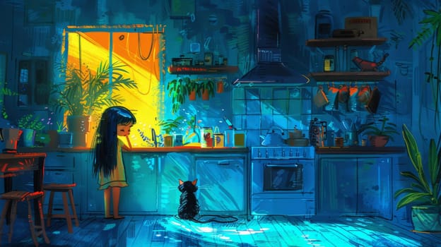 A girl and cat in a kitchen looking at each other