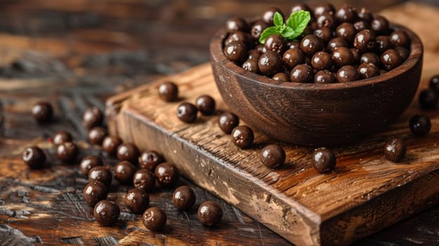 A bowl of chocolate covered cherries on a wooden cutting board