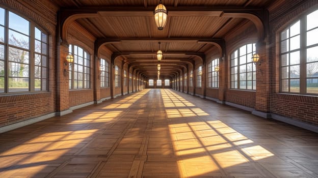A long hallway with many windows and a wooden floor