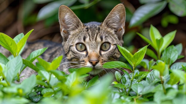 A cat peeking out from behind a bush in the woods